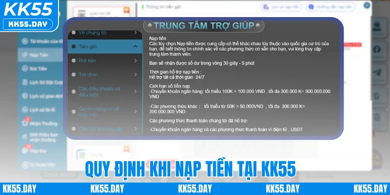 Quy định khi nạp tiền tại KK55